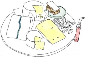 Illustration of a plate containing a variety of cheese and almonds.